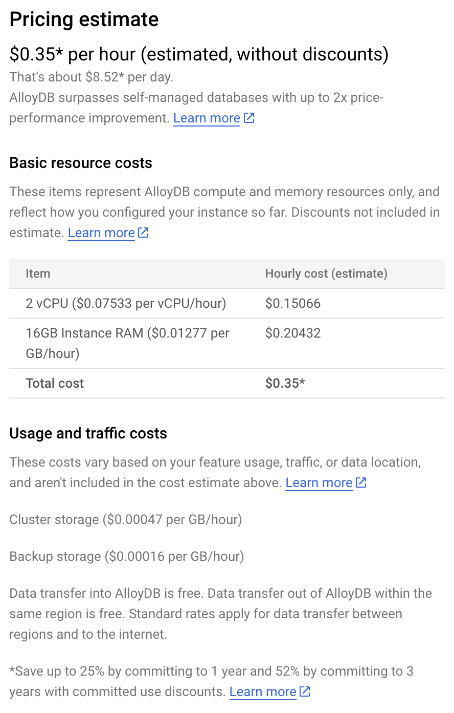 AlloyDB cost estimate